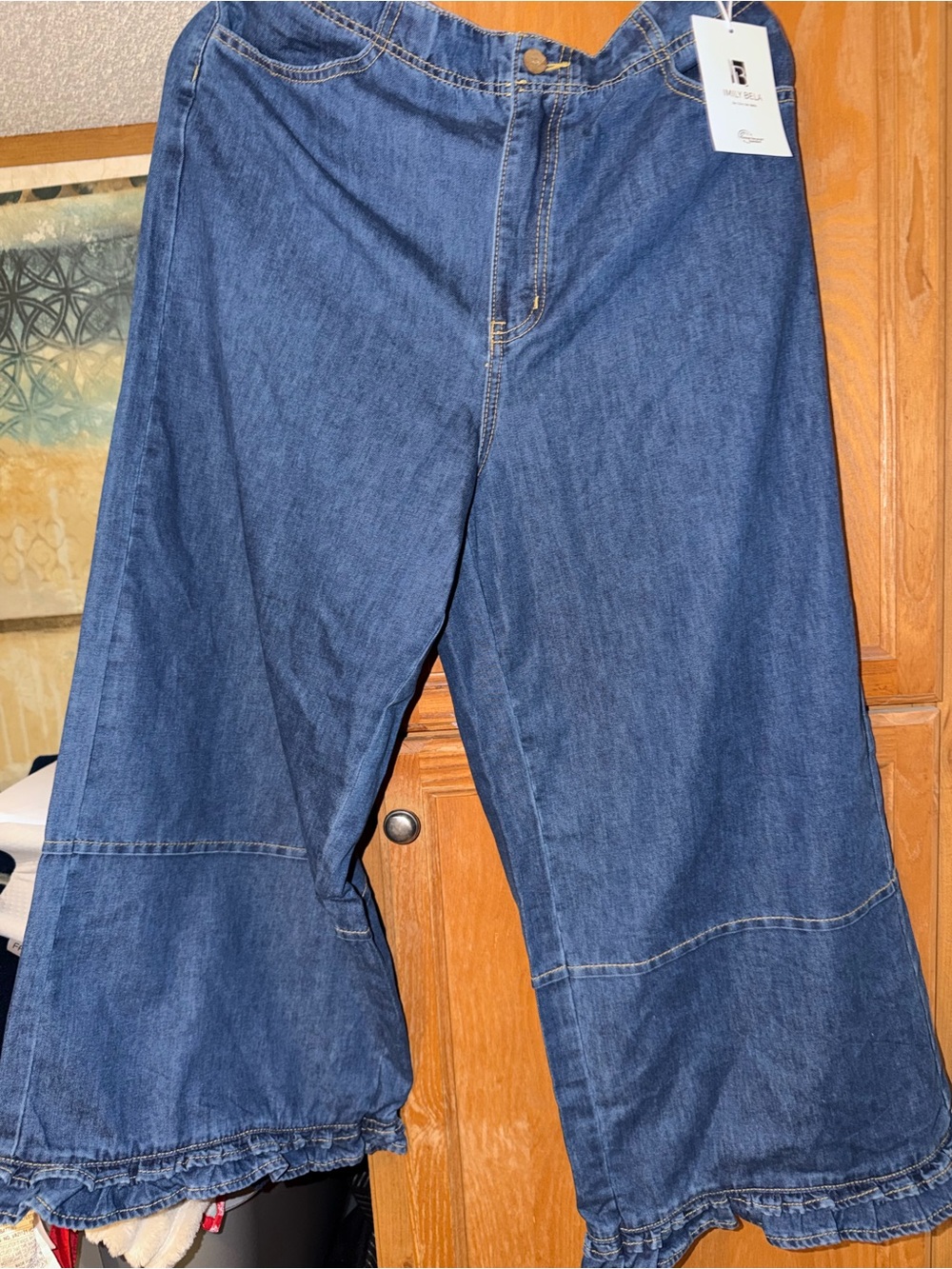 NWT Imily Bela Denim Ruffle Hem Wide Leg Pants Size 12 Blue Lightweight